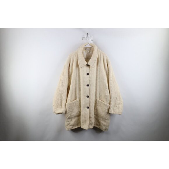 Vintage Streetwear Womens 3XL Donegal Wool Fisherman Cable Knit Jacket Cream